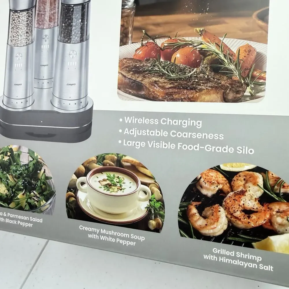 COSPRO Electric Salt & Pepper Grinder Set (3) Adjustable Coarseness NIB